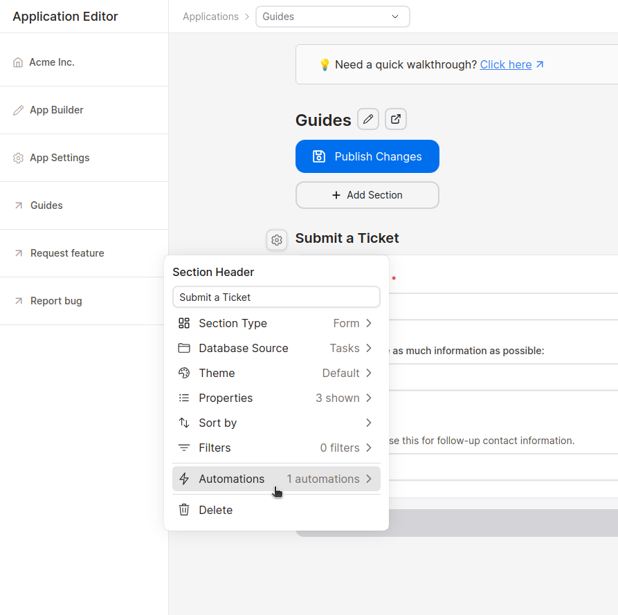 Stackoia application builder hover on automations